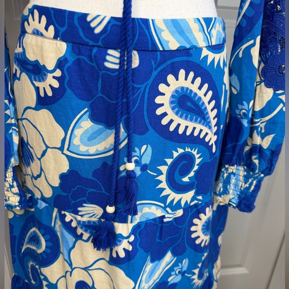 House of Harlowe 1960 Blue Cream Floral Paisley Repeat Top Maxi Skirt Set Linen - Picture 5 of 15